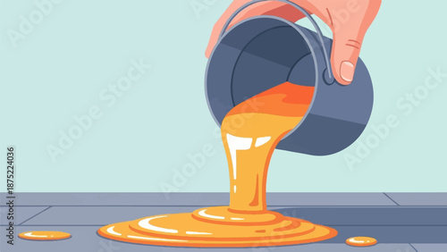 A hand holds a bucket, tipping it to pour orange liquid onto a grey tiled surface