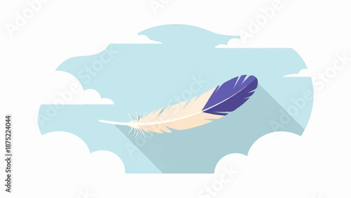 A feather with purple and beige sections floats softly against a light blue sky with clouds
