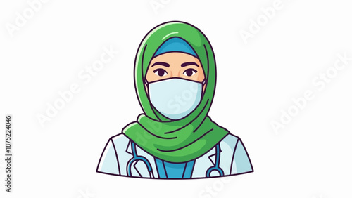 A female healthcare professional wearing a green hijab, blue undercap, and face mask