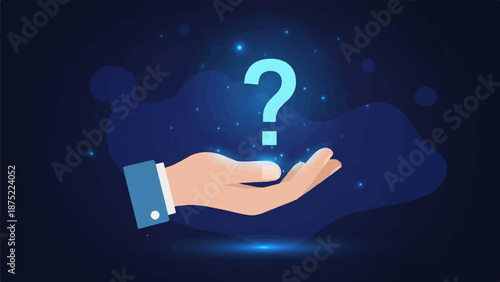 A hand holds a glowing question mark against a dark, starry background
