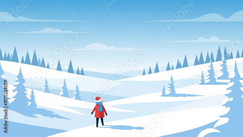 A lone figure in red, wearing a Santa hat and scarf, stands in a vast, snowy landscape with pine trees