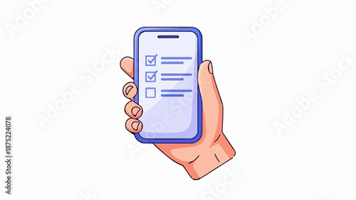 A hand holds a smartphone displaying a checklist with two items marked complete