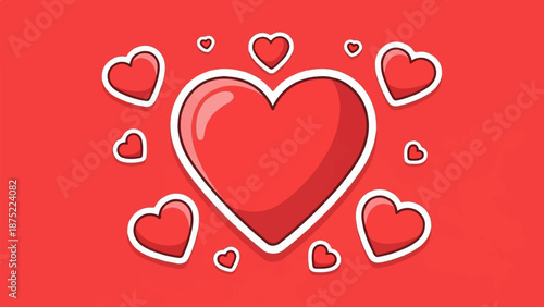 A festive backdrop features a cluster of bright red hearts on a crimson background