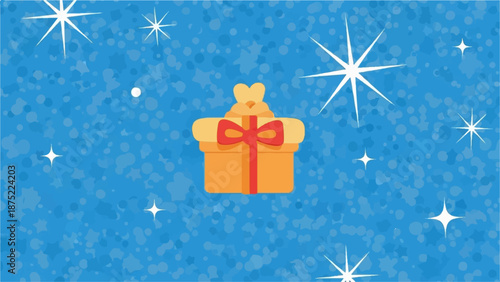 A festive orange gift box with a red bow sits center, surrounded by sparkling stars on a blue dotted background