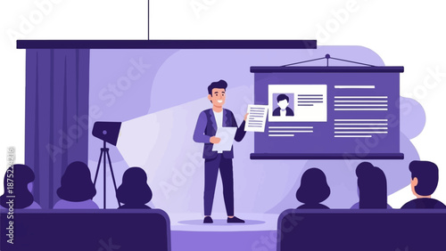 A male presenter in a suit stands on stage, holding papers, addressing an audience