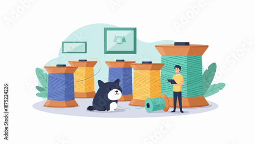 A man and a dog are by spools of thread in a room with plants and framed pictures