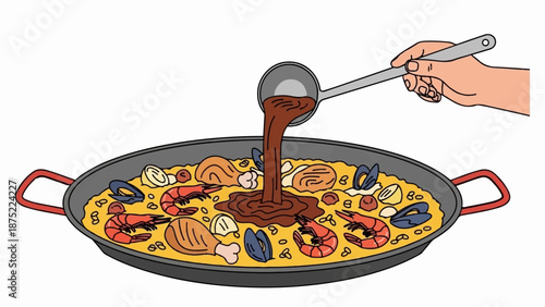 A hand pours a rich, dark broth into a large paella pan filled with seafood and chicken