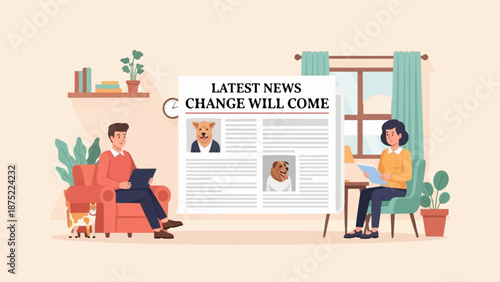 A man and a woman are reading a newspaper with dog pictures