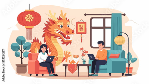 A festive room with a dragon, people on laptops, and a dog