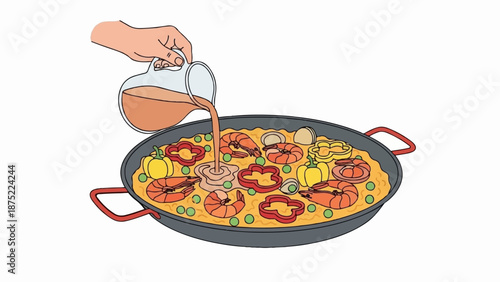 A hand pours broth into a pan of seafood and vegetable paella