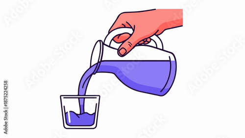 A hand pours purple liquid from a pitcher into a clear glass