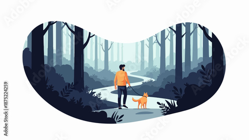 A man and his dog walk on a winding path through a misty, blue forest