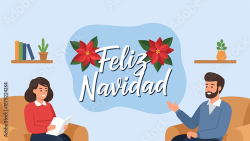 A festive scene of a woman reading and a man talking, with "Feliz Navidad" and poinsettias