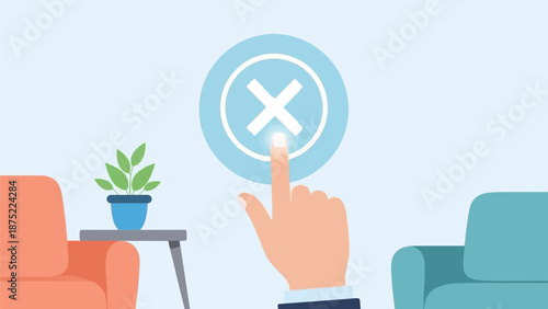A hand presses a "no" symbol on a screen, indoors