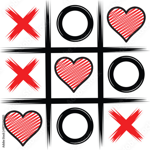 Hand drawn tic tac toe game featuring red Xs and circles incorporating heart shapes for playful valentine's day design
