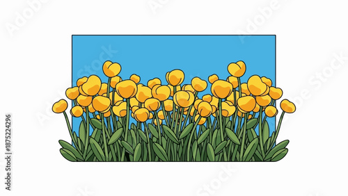 A field of bright yellow flowers with green stems and leaves against a bright blue sky