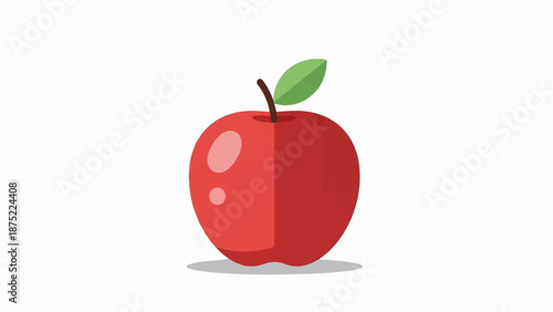 A flat design illustration of a ripe red apple with a green leaf and stem, casting a subtle shadow