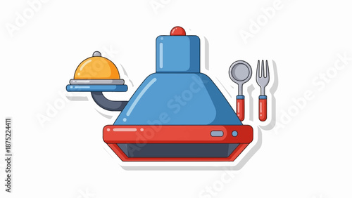 A flat design illustration of a kitchen exhaust hood with a serving cloche and utensils