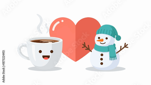 A happy coffee cup and friendly snowman with a heart
