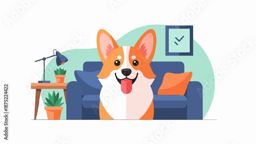 A happy corgi peeks out from behind a couch in a stylized living room