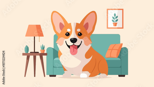 A happy corgi sits in a living room with a sofa, lamp, and plants