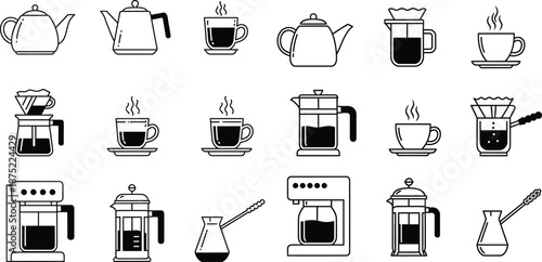 Diverse vector set displaying various coffee preparation equipment including presses and teapots with cups
