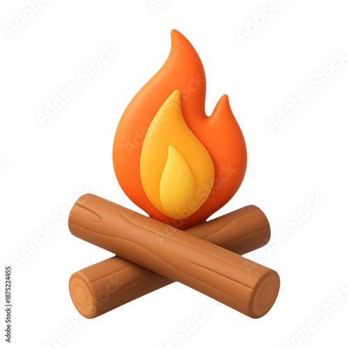 Cartoon campfire with glowing orange flames and wooden logs on transparent background
