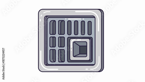 A flat graphic representation of a square grate, with rounded corners and dark lines