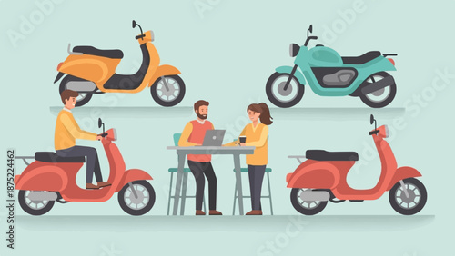 A flat illustration featuring people and scooters against a pastel background