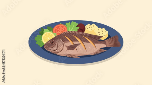 A plate of baked fish with mashed potatoes, lemon, tomato, lettuce, and olives
