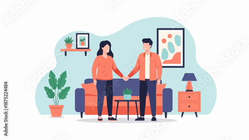 A happy couple holds hands in a cozy, modern living room with plants and art