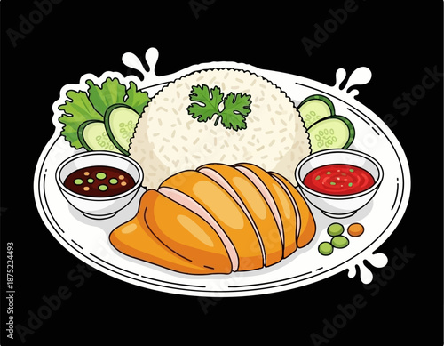 A plate of cooked chicken, fluffy white rice, and dipping sauces