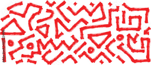 Abstract red geometric line art pattern resembling ancient symbols or a maze design