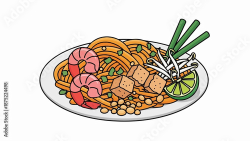 A plate of noodle dish with shrimp, tofu cubes, bean sprouts, and lime