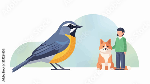 A person pets a dog beside a small bird with a watercolor background