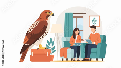 A hawk stands near a couple using tablets in a living room