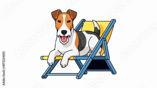 A happy, tri-colored dog relaxes on a blue and yellow deck chair