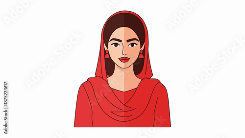 A portrait of a woman wearing a red headscarf and dress, with matching earrings