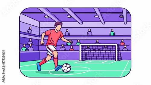 A person plays soccer in an arena with spectators watching from purple stands