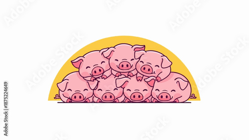 A heap of cute, smiling pink pigs piled together on a yellow semi-circle