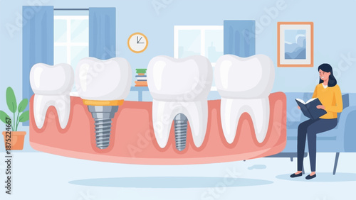 A person reads a book in a dental clinic waiting room with large tooth models and implants