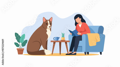 A person reads a book while sitting in a chair, with a dog and plant nearby
