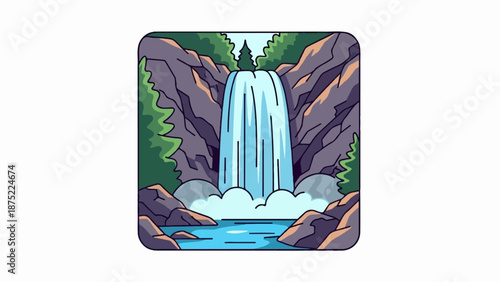 A powerful waterfall cascades down rocky cliffs into a clear blue pool