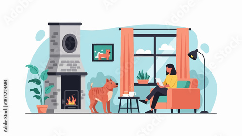 A person reads by a fireplace with their dog