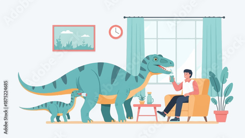 A person relaxes in an armchair with dinosaurs in a room