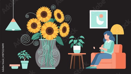 A person relaxes in a chair with sunflowers and houseplants in a room