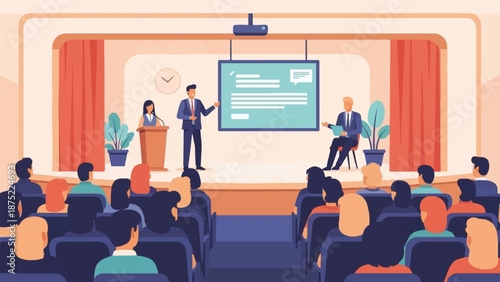 A presentation unfolds on stage with speakers and audience in a spacious hall