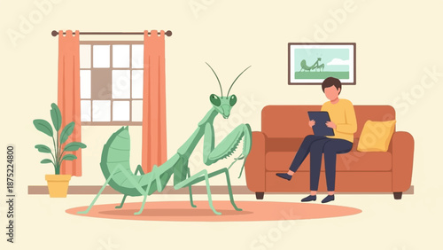 A person sits on a sofa using a tablet while a large praying mantis stands in a living room