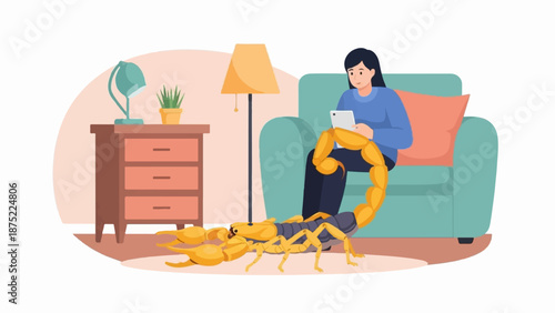 A person sits on a couch, holding a tablet, with a large scorpion in the room
