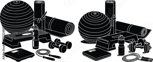 Essential fitness equipment including exercise balls and dumbbells arranged for a comprehensive home gym setup